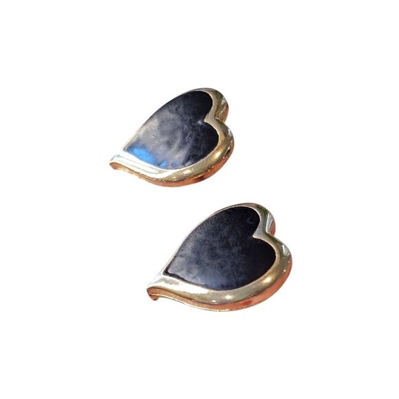 Vintage Black Heart Gold Tone Stud Earrings Enameled 90s 5/8"‎ Valentines - Picture 2 of 9